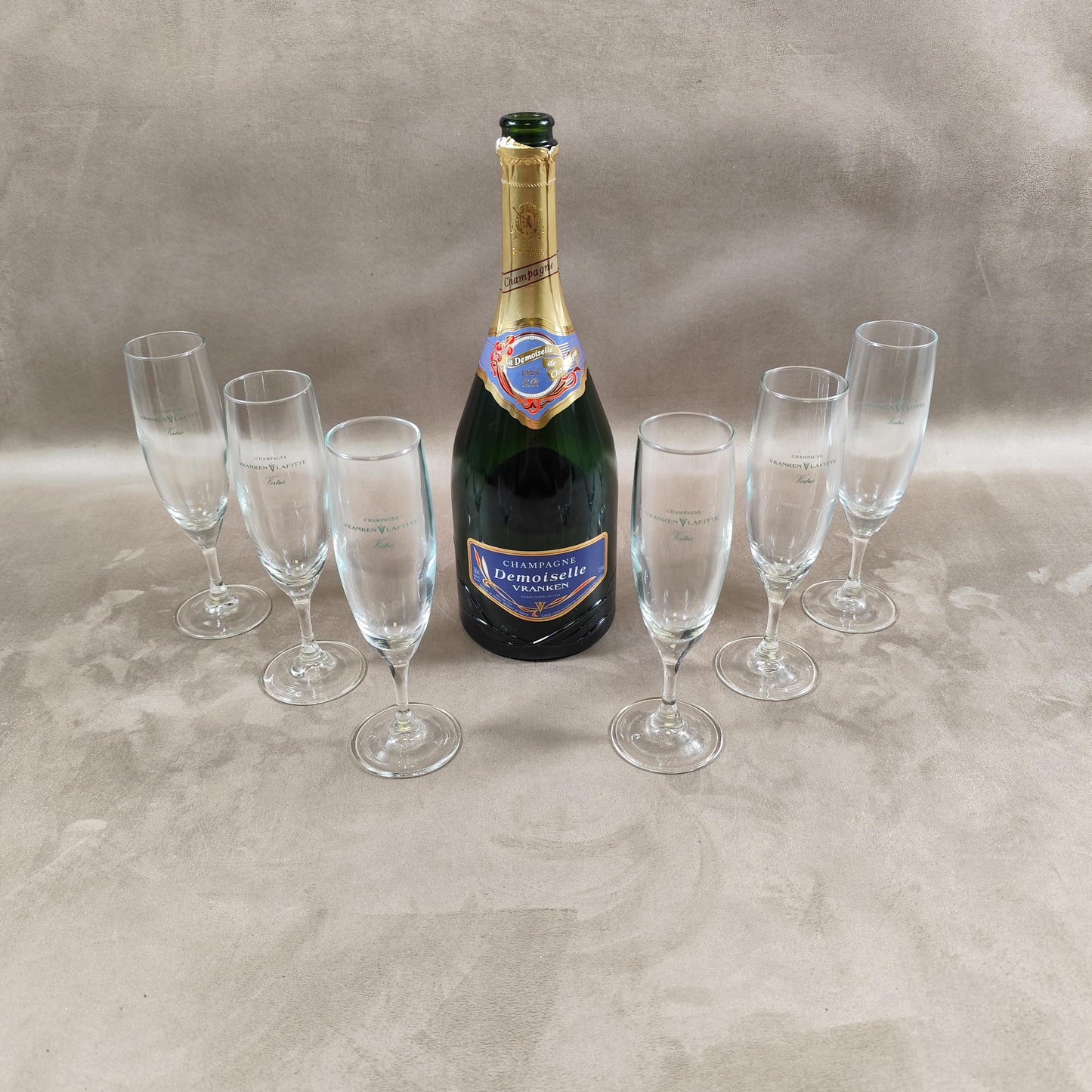 Lot de 6 flutes à champagne Vranken-Lafitte en verre vintage Made in France 1970