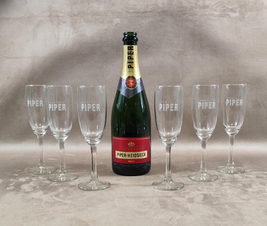 Lot de 6 flûtes à Champagne en verre Piper-Heidsieck Made in France Vintage 1970