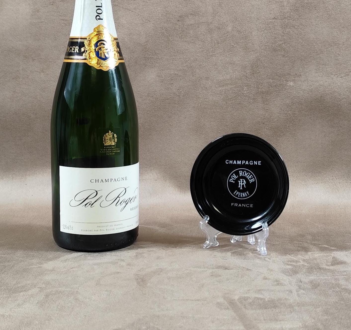 Cendrier Champagne Pol Roger en porcelaine noire Made in France Vintage 1980