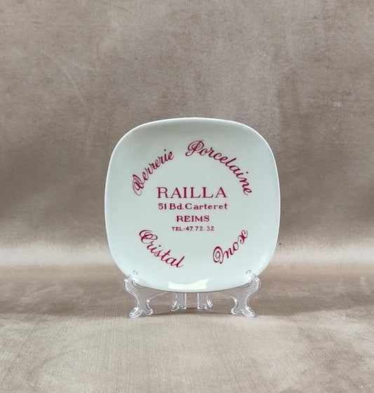 Cendrier Publicitaire Railla Reims en faience par Pillivuyt Made in France Vintage 1970