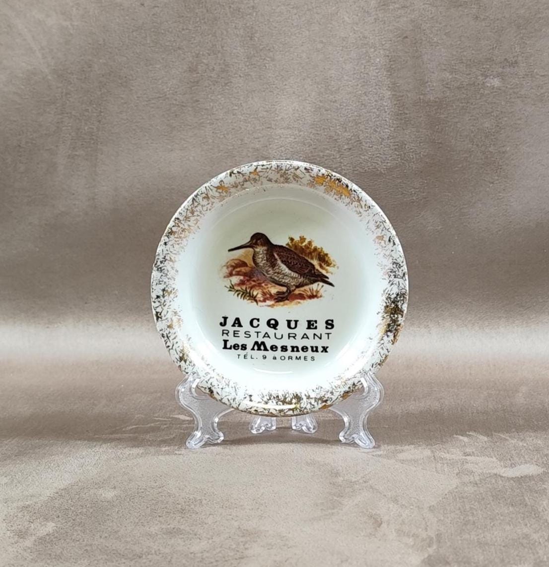 Cendrier Publicitaire Restaurant Jacques Les Mesneux en faience de Villenauxe Made in France Vintage 1970