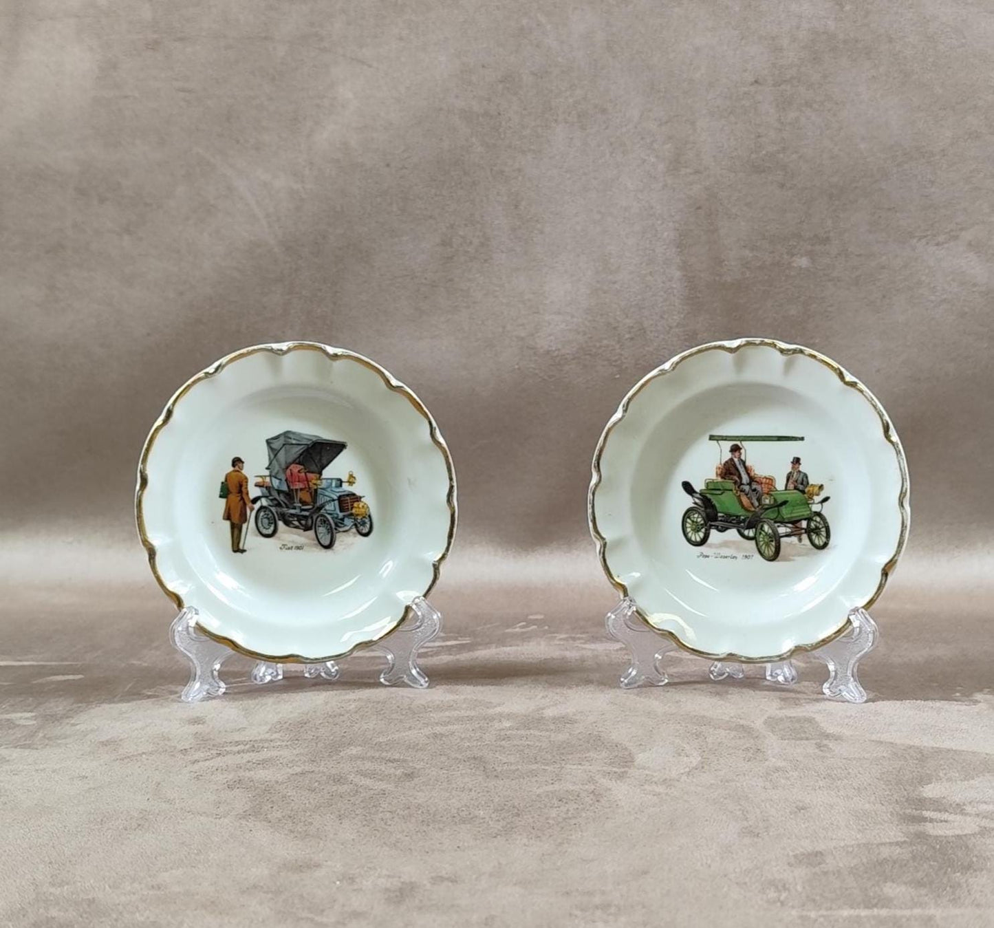 Lot de 2 Cendriers en Porcelaine de Limoges Voitures Pepe Waverley, Fiat Made in France Vintage 1970