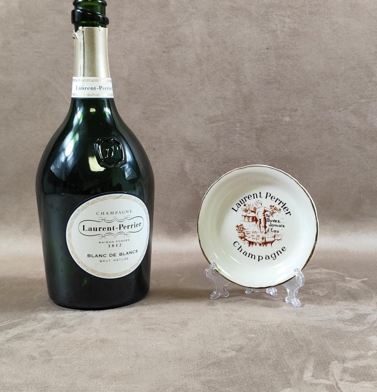 Cendrier vide-poche publicitaire Champagne Laurent-Perrier en faïence Moulin des Loups Made in France Vintage 1970