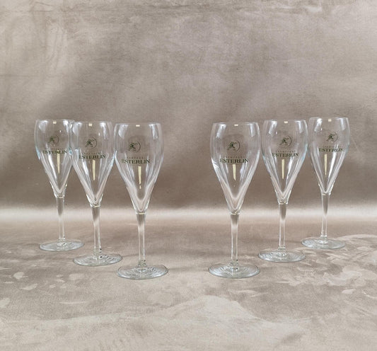 Lot de 6 flutes à Champagne en cristal vintage Champagne Esterlin à Epernay 1990