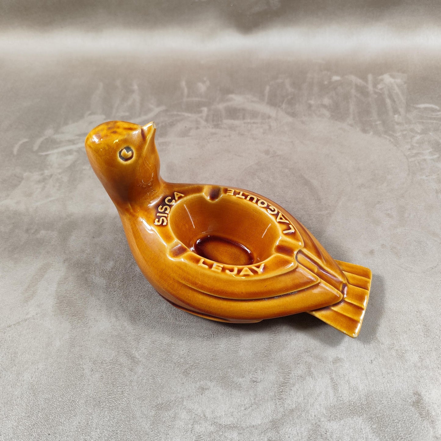 Cendrier Publicitaire Liqueur Sisca Lejay Lagoute en forme d'oiseau en faience Made in France Vintage 1970