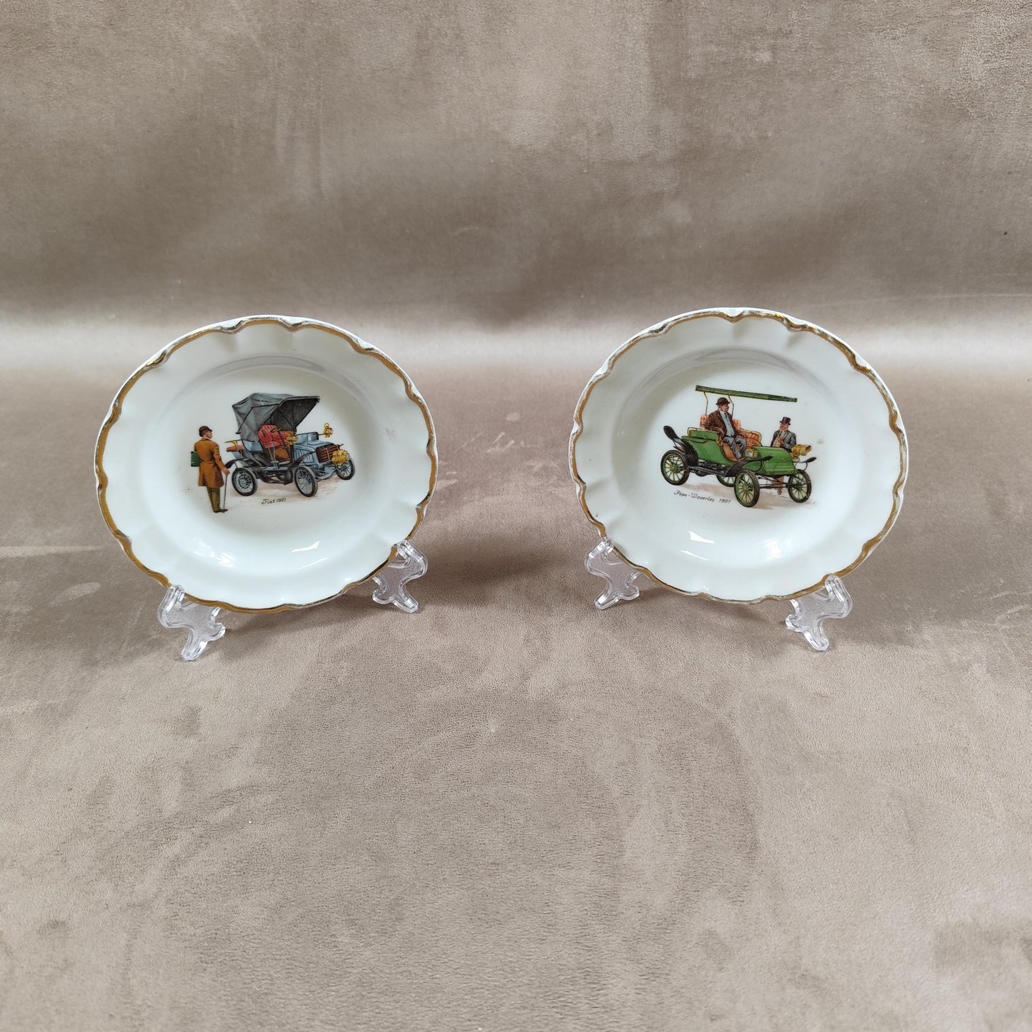 Lot de 2 Cendriers en Porcelaine de Limoges Voitures Pepe Waverley, Fiat Made in France Vintage 1970