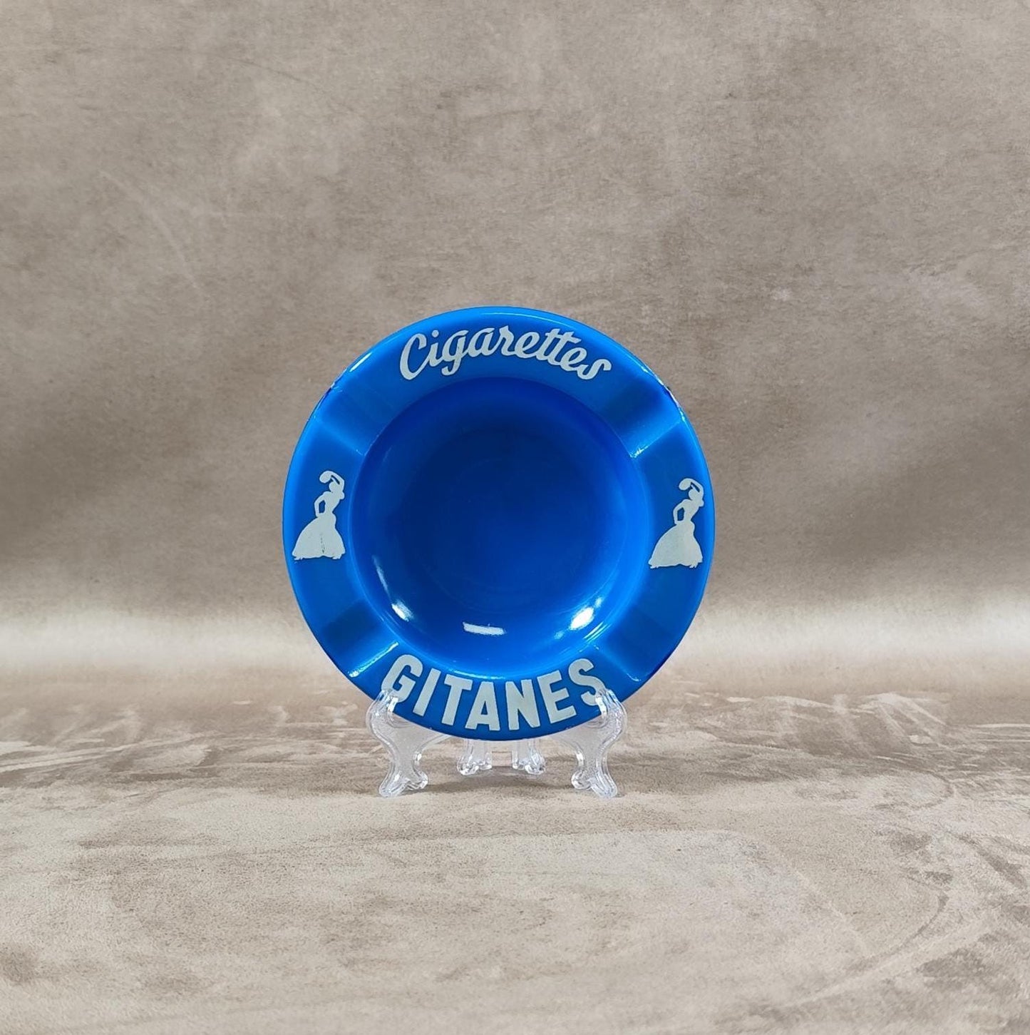 Cendrier Publicitaire Cigarettes Gitanes en céramique bleu Made in France Vintage 1950