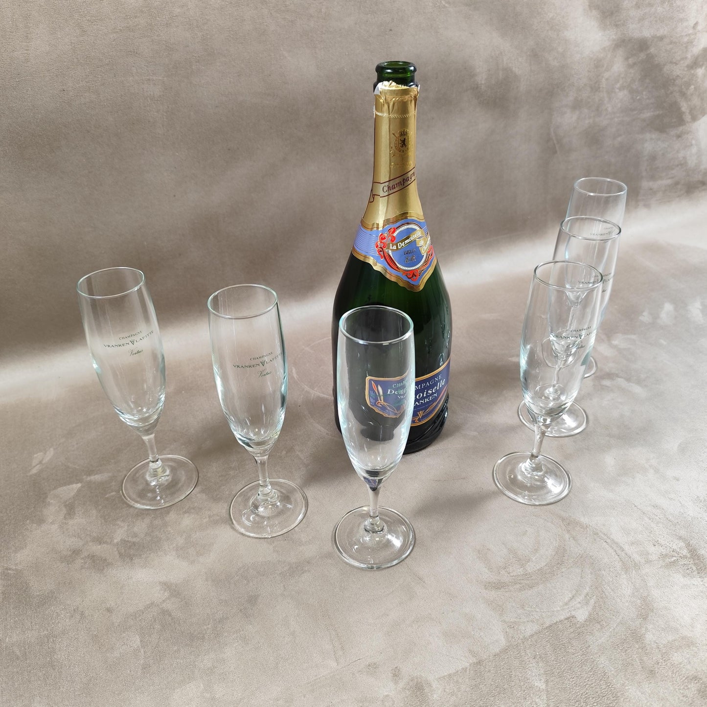 Lot de 6 flutes à champagne Vranken-Lafitte en verre vintage Made in France 1970