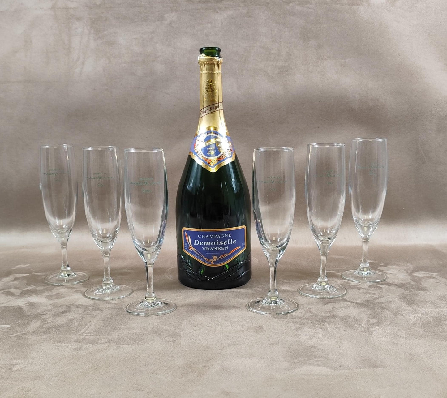 Lot de 6 flutes à champagne Vranken-Lafitte en verre vintage Made in France 1970