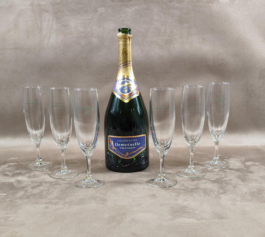 Lot de 6 flutes à champagne Vranken-Lafitte en verre vintage Made in France 1970