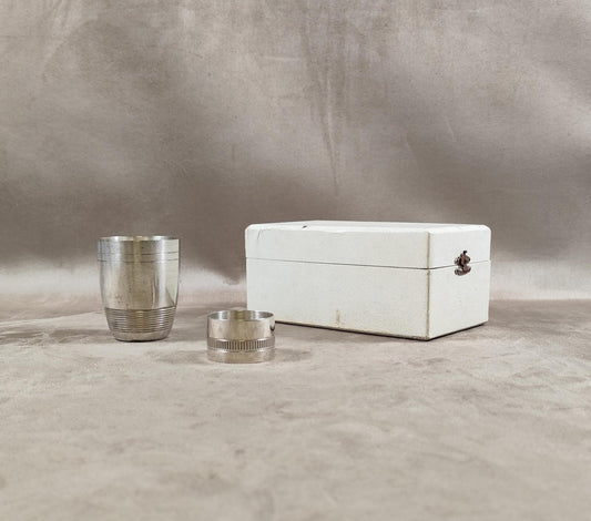 Ecrin Timbale de baptêmes et rond de serviette en métal argenté Made in France Vintage 1970