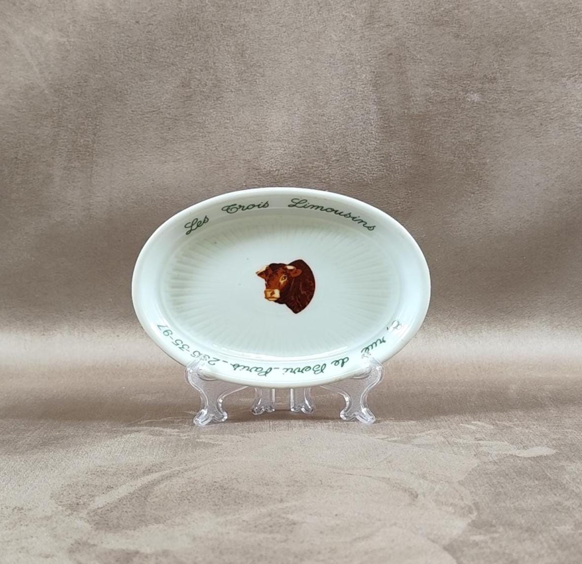 Cendrier Publicitaire Les Trois Limousins Paris en faience par GDA Limoges Made in France Vintage 1970