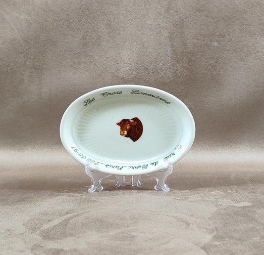Cendrier Publicitaire Les Trois Limousins Paris en faience par GDA Limoges Made in France Vintage 1970