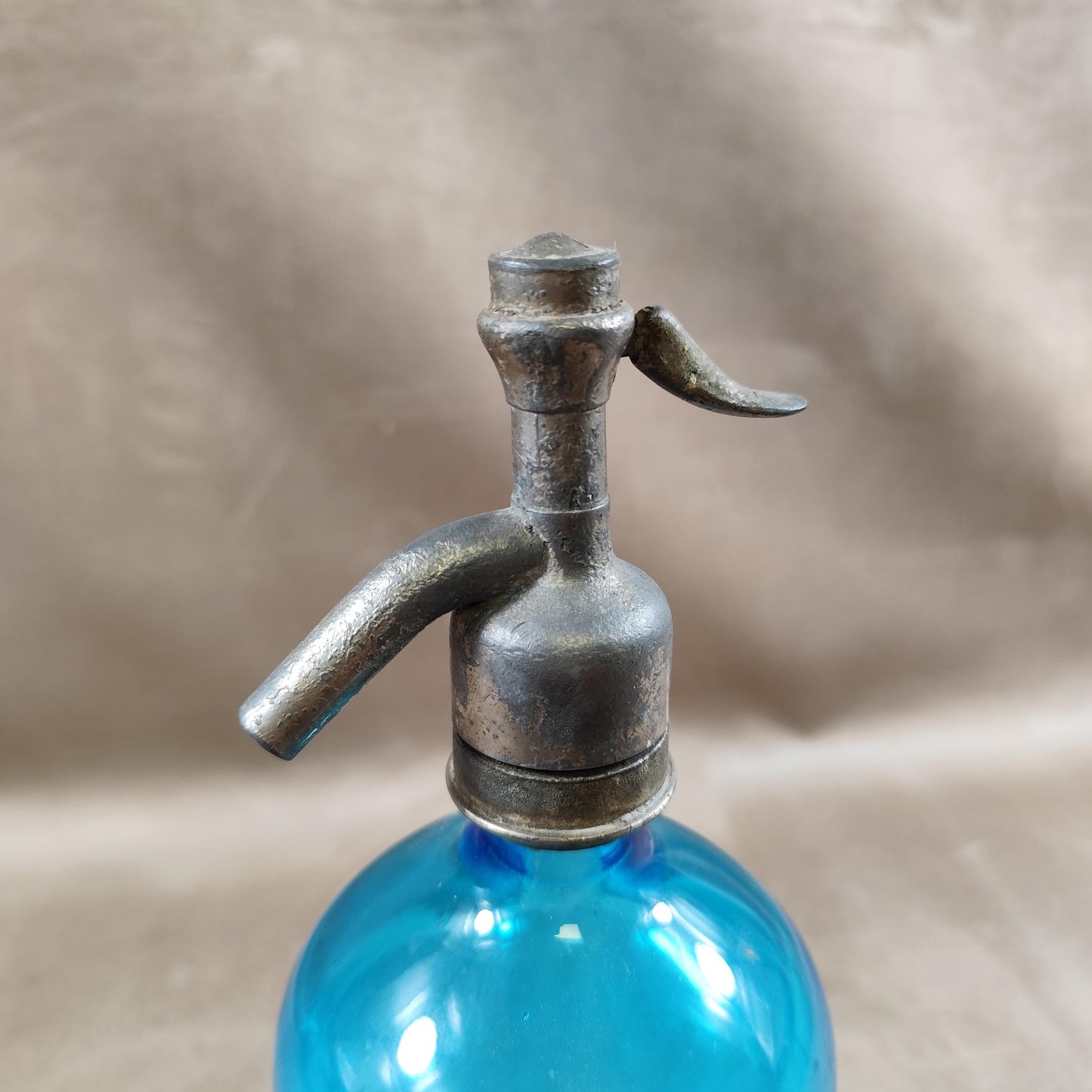 RARE Siphon à eau de seltz vintage en verre bleu Gazo-Siphon etain sans plomb  Made in France 1920