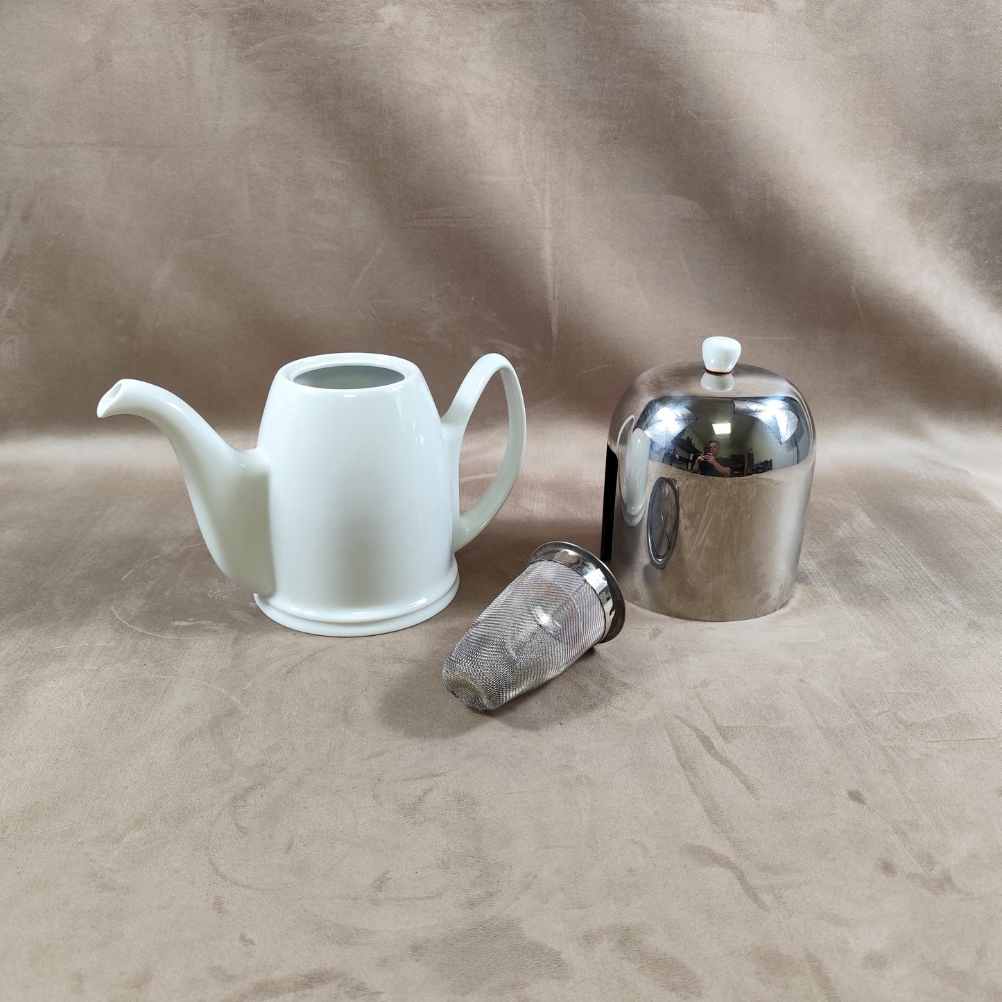 RARE Théière SALAM par Guy Degrenne en métal et céramique blanche Made in France Vintage 1980