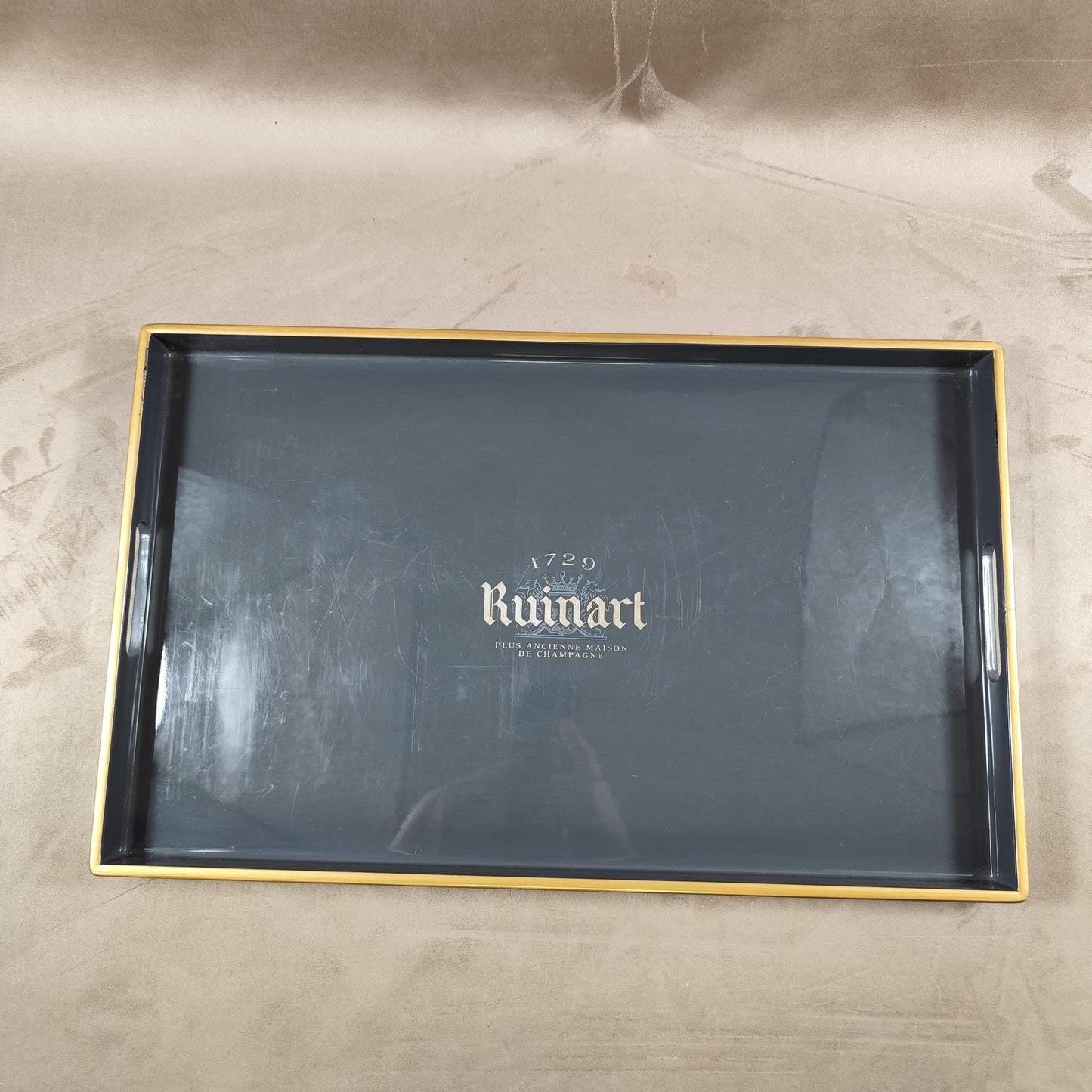 RARE Plateau de service champagne DOM Ruinart en bois gris anthracite vintage Made in France
