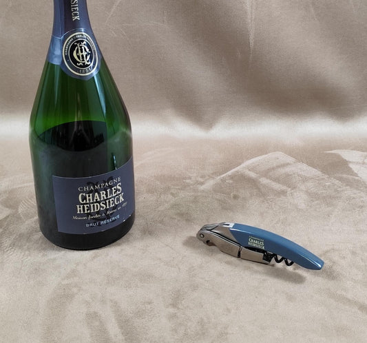 Décapsuleur, Tire-bouchon Champagne Charles Heidsieck par L'Iroquois en plastique bleu Made in France Vintage 1980