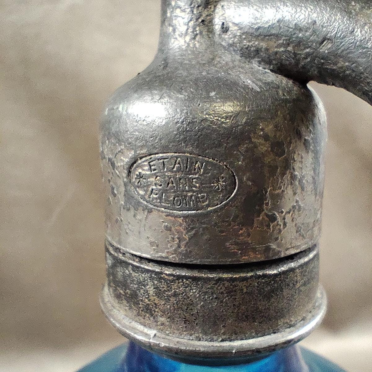 RARE Siphon à eau de seltz vintage en verre bleu Gazo-Siphon etain sans plomb  Made in France 1920