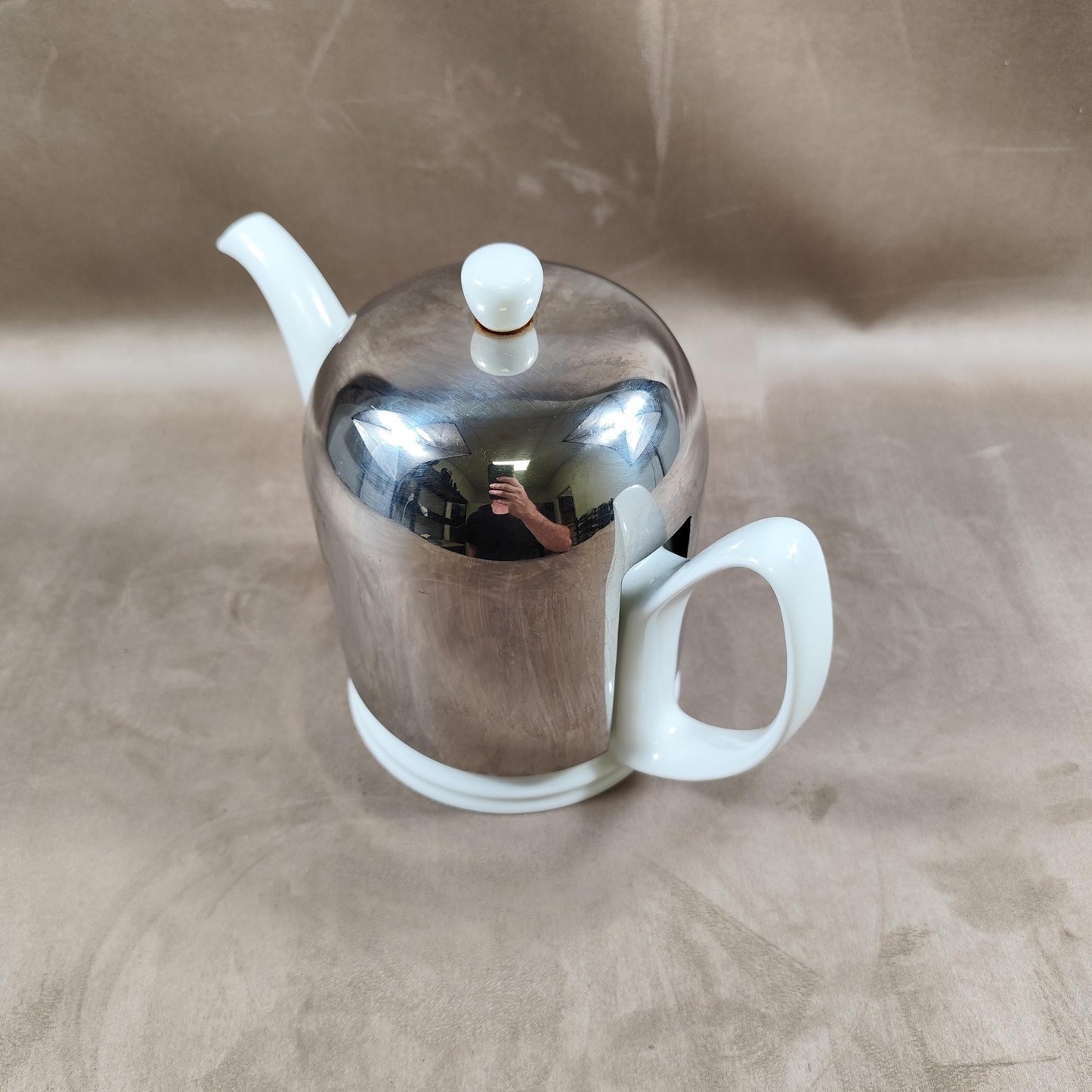 RARE Théière SALAM par Guy Degrenne en métal et céramique blanche Made in France Vintage 1980