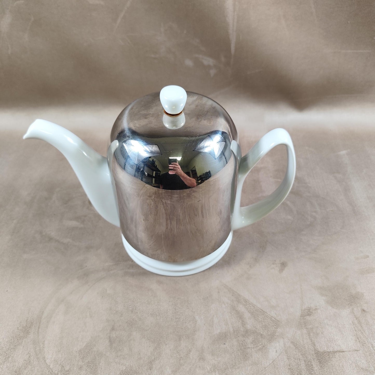 RARE Théière SALAM par Guy Degrenne en métal et céramique blanche Made in France Vintage 1980