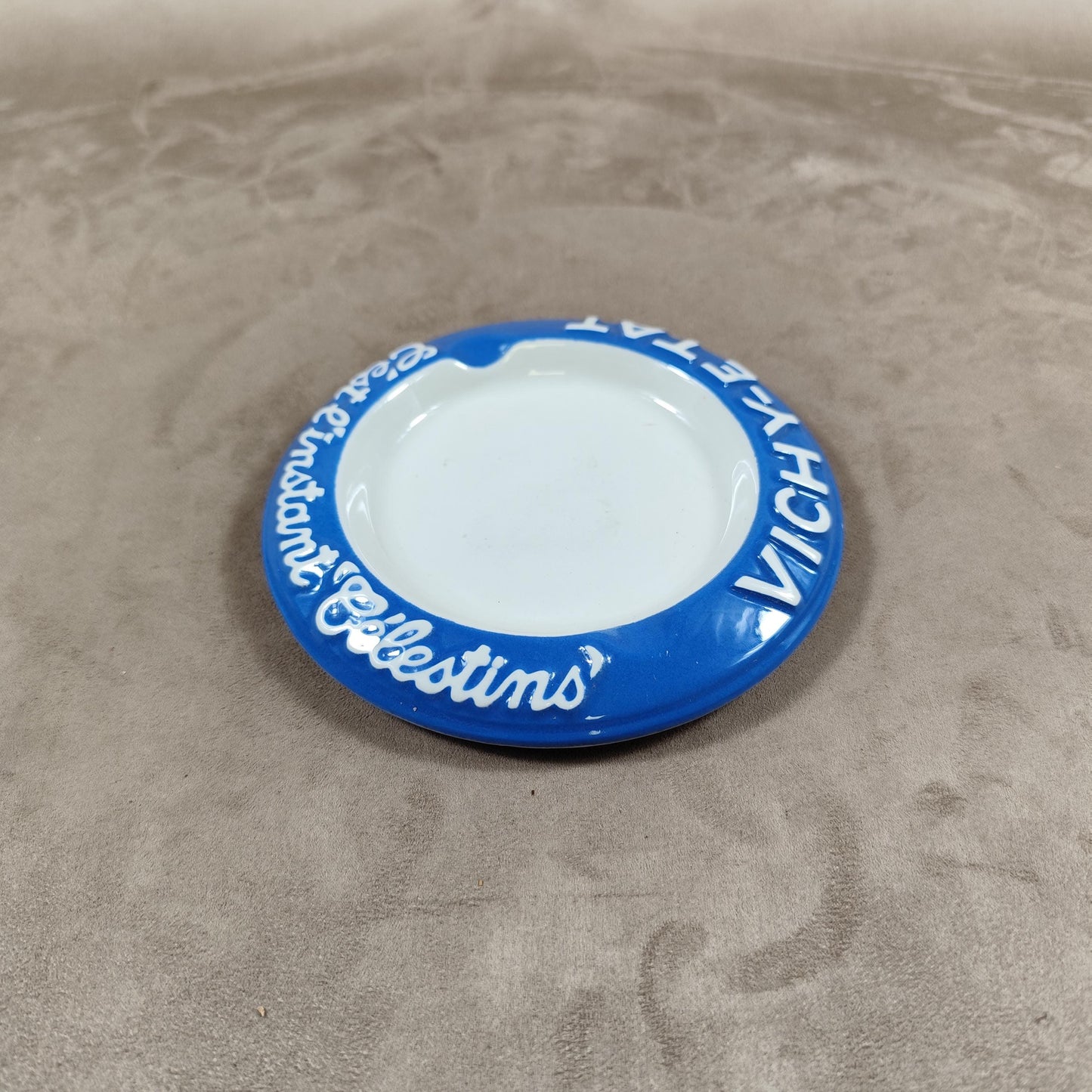 Cendrier publicitaire en faience Vichy Etat C'est l'instant "Célestins" Made in France Vintage 1980