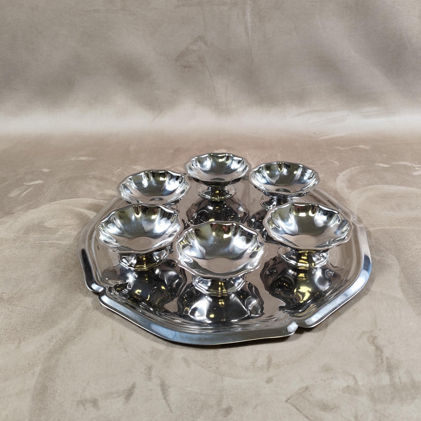 Lot de 6 coupes à glace et plateau en inox 18/10 Made in France Vintage 1980