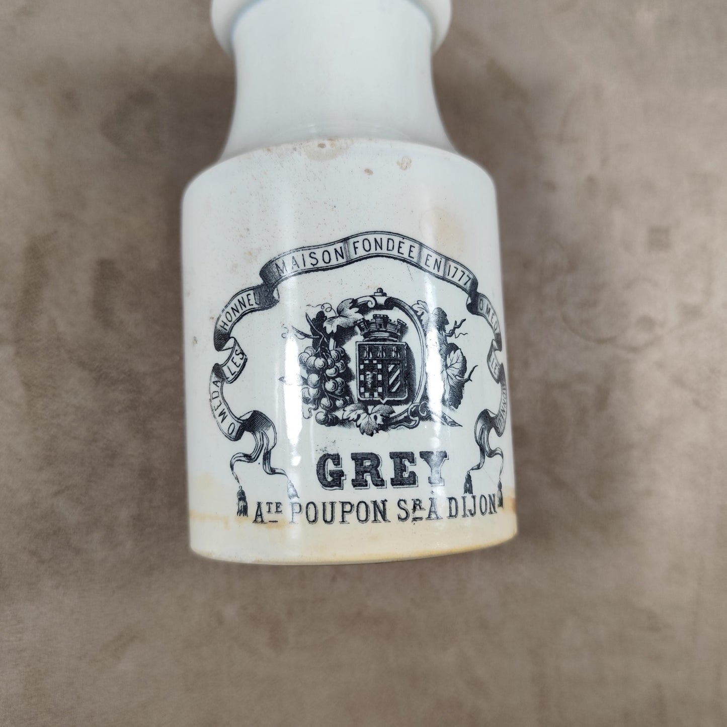 RARE Moutardier ancien en grès Moutarde Grey-Poupon à Dijon Creil et Montereau Made in France 1900