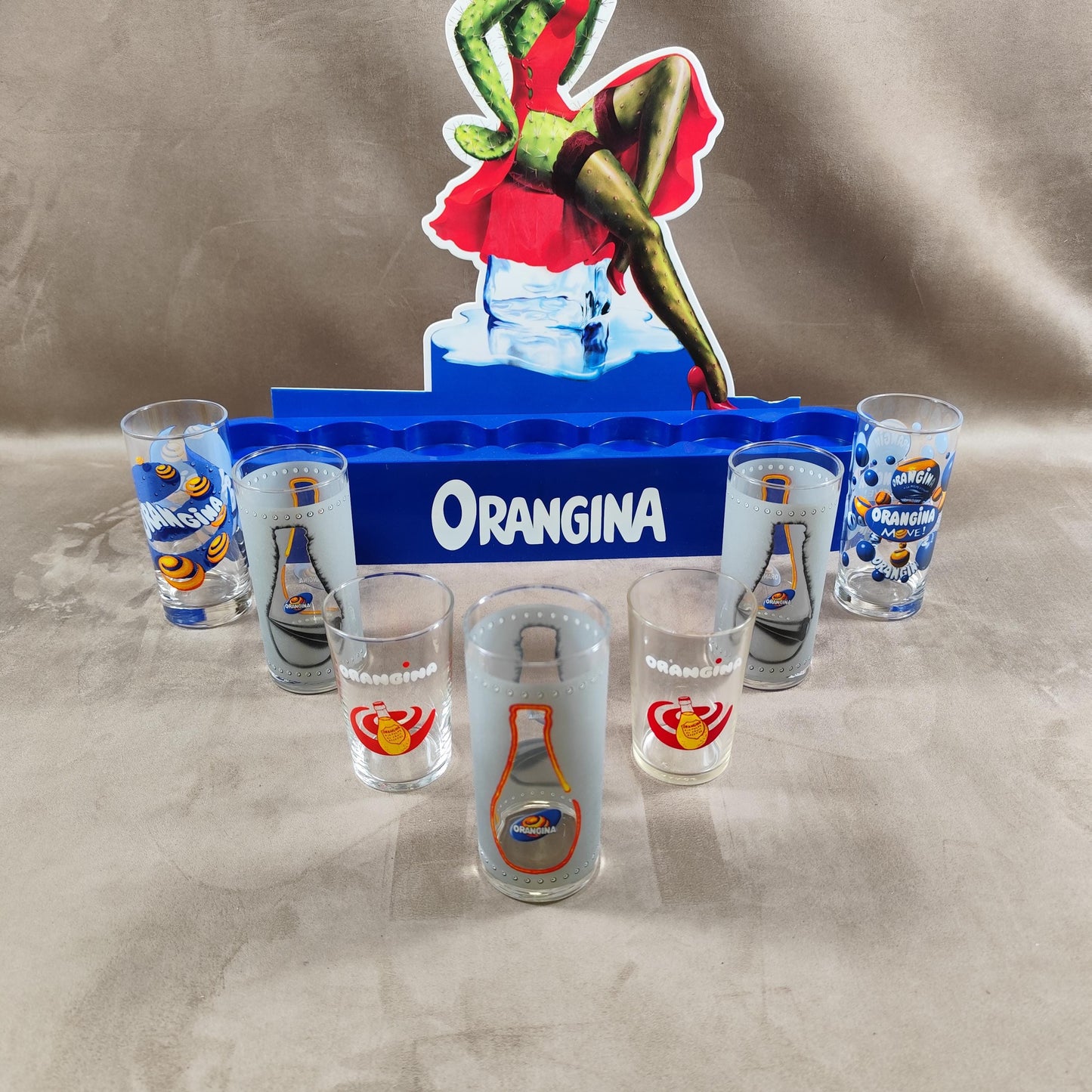 Présentoir publicitaire de 6 verres à Orangina Made in France Vintage 2000