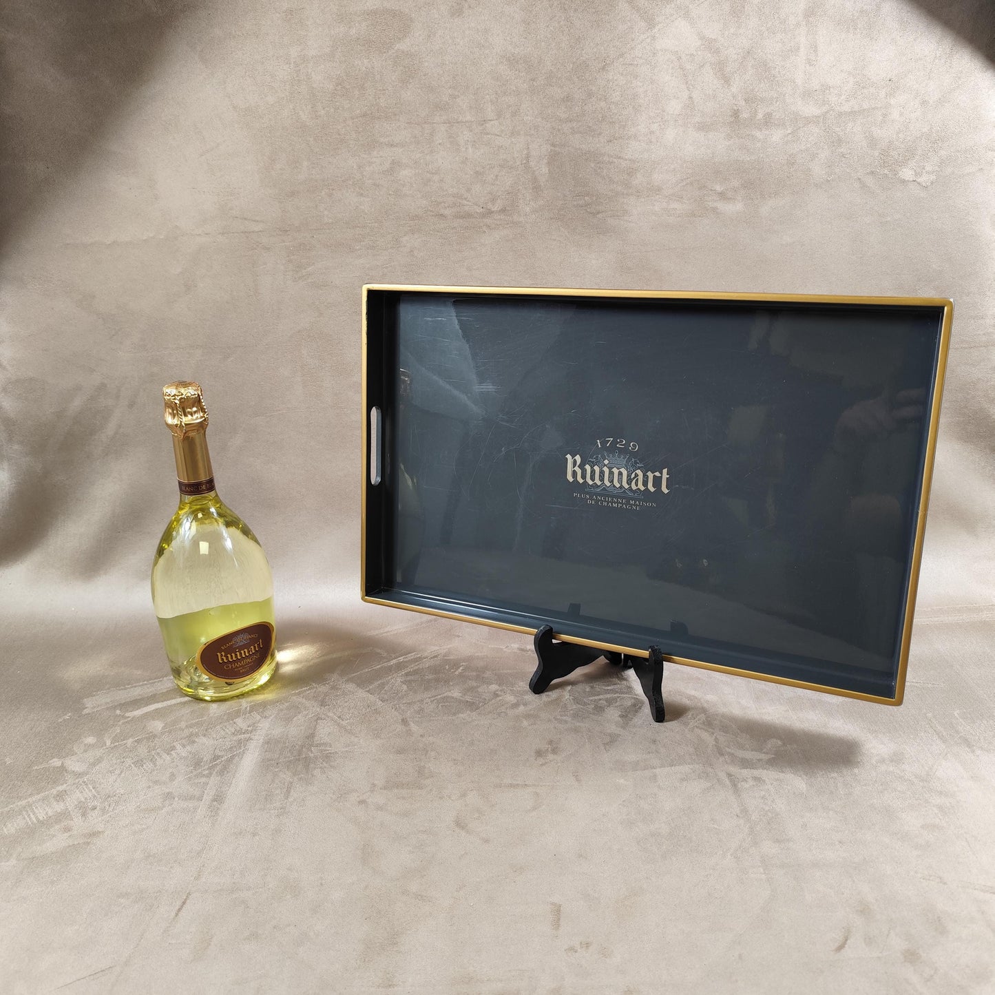RARE Plateau de service champagne DOM Ruinart en bois gris anthracite vintage Made in France
