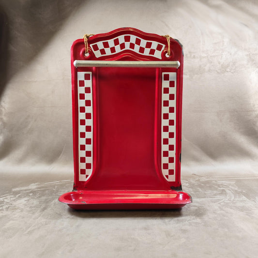 Support mural pour ustensiles de cuisine en émail damier Lustucru rouge , Made in France, Vintage 1950