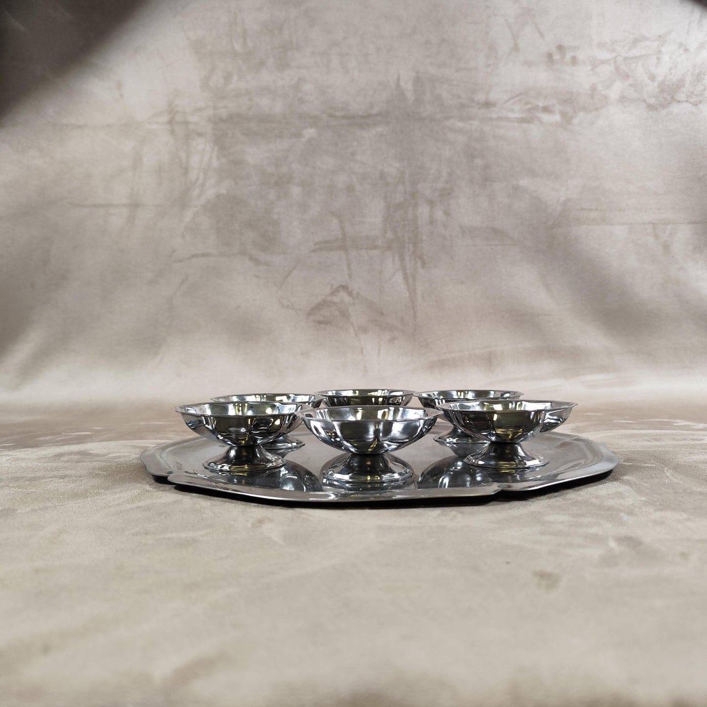 Lot de 6 coupes à glace et plateau en inox 18/10 Made in France Vintage 1980