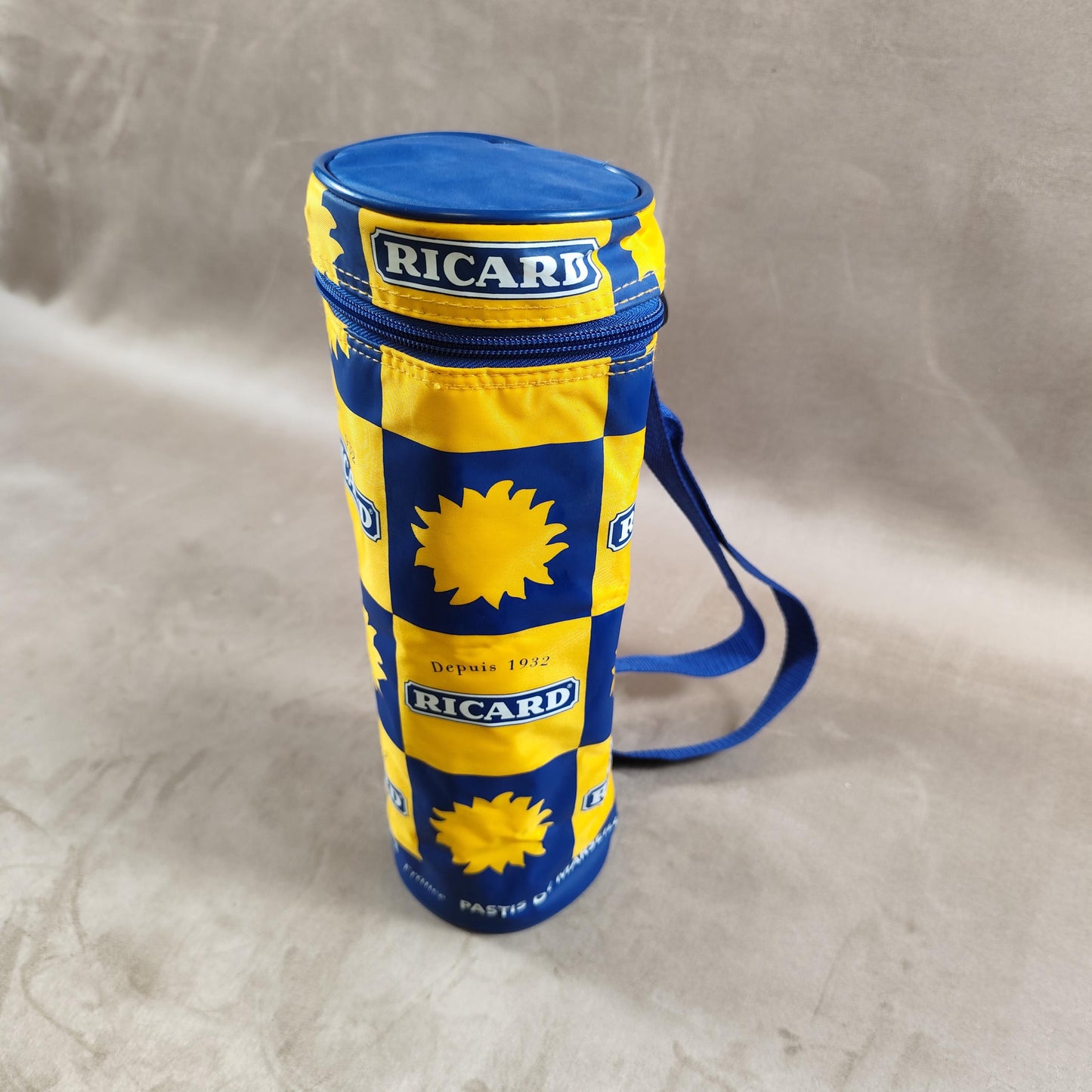 Etui pour bouteille RICARD en tissu bleu et jaune Made in France Vintage 1980