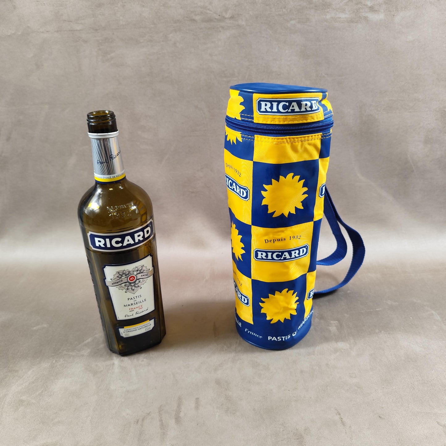 Etui pour bouteille RICARD en tissu bleu et jaune Made in France Vintage 1980
