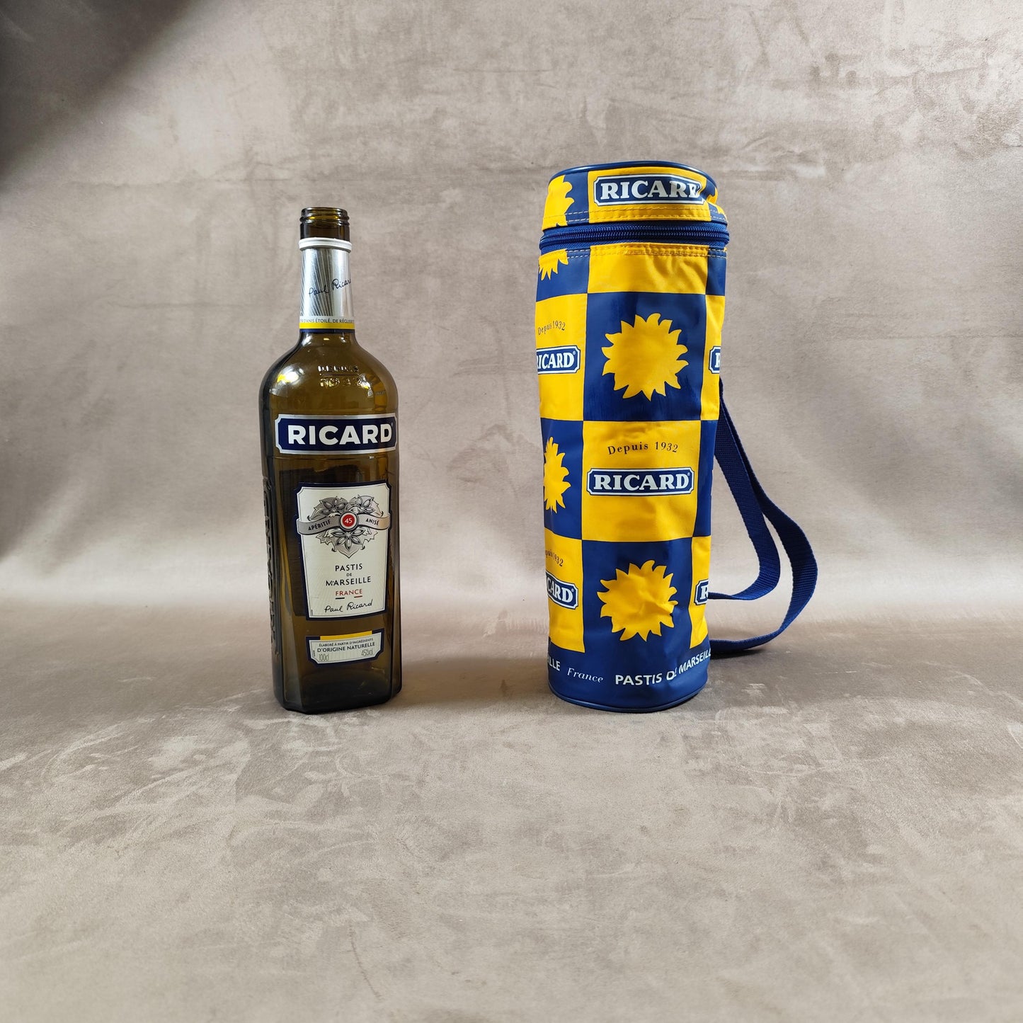 Etui pour bouteille RICARD en tissu bleu et jaune Made in France Vintage 1980
