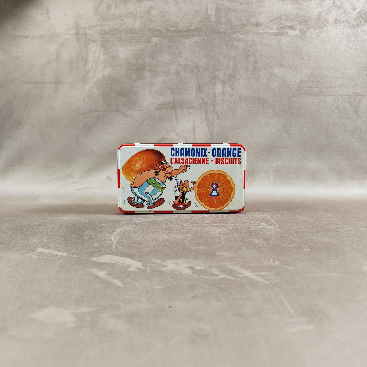 Boite à biscuits en tôle Astérix & Obélix Chamonix Orange Made in France Vintage 1970