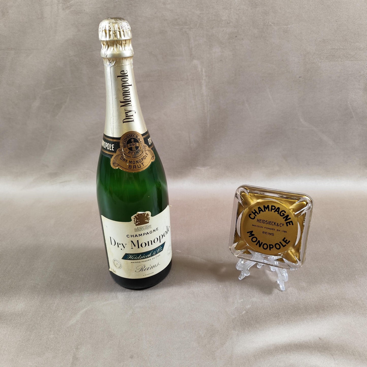 RARE Cendrier Publicitaire Champagne Heidsieck & Co Dry Monopole en verre Made in France Vintage 1950