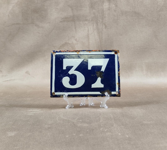 RARE Plaque de rue de ville Française Numéro 37 en tôle émaillée bleue Made in France Vintage 1950