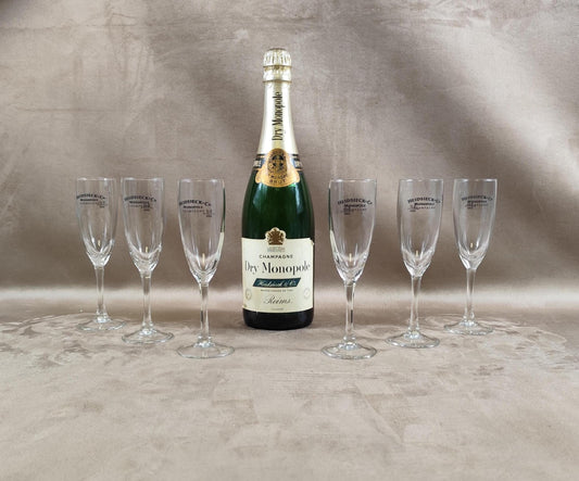 Lot de 6 flûtes à Champagne Heidsieck Monopole en verre Made in France Vintage 1990