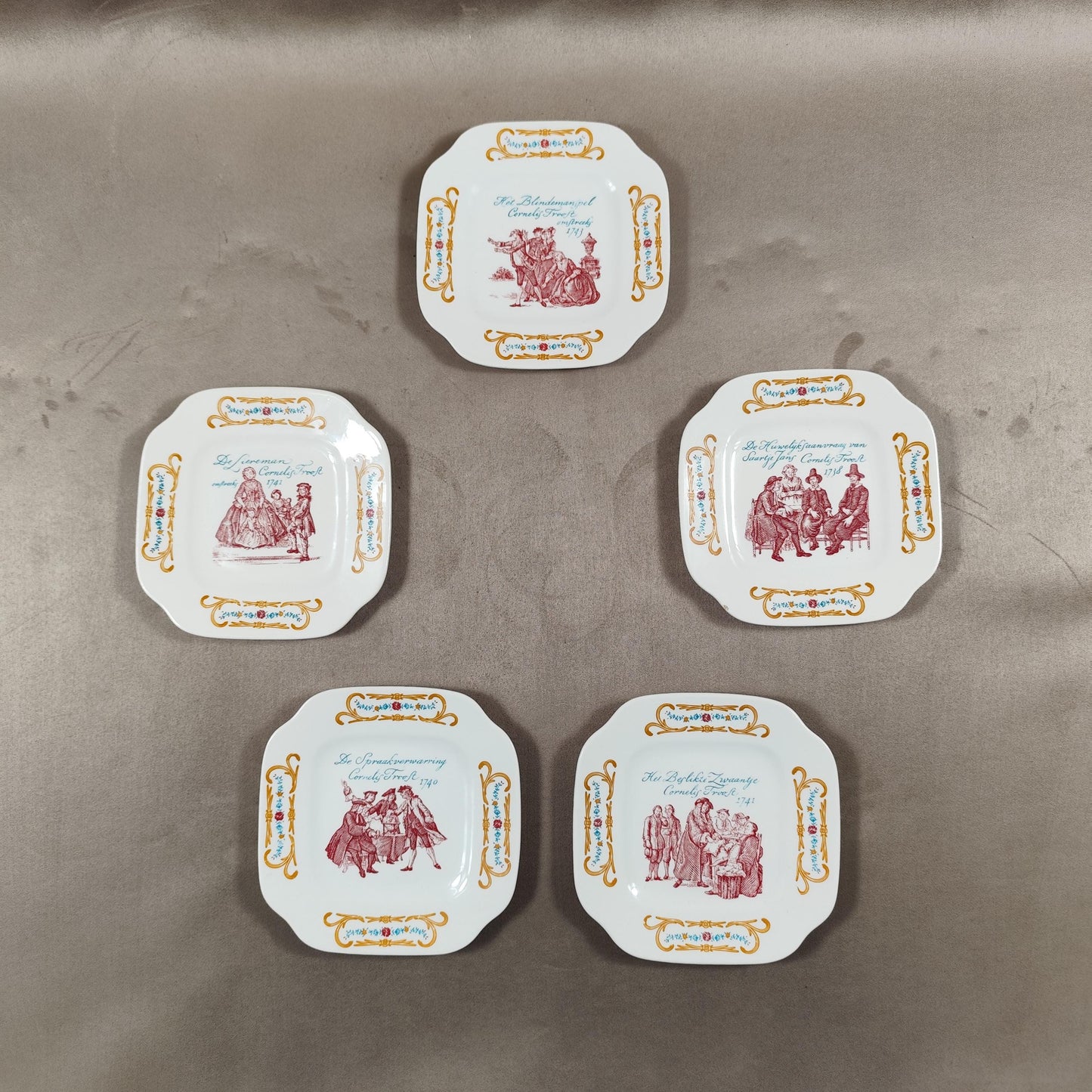 Lot de 5 vide-poches Scènes historiques XVIIIe siècle par Boch Frères La Louvière Made in Belgium Vintage 1970