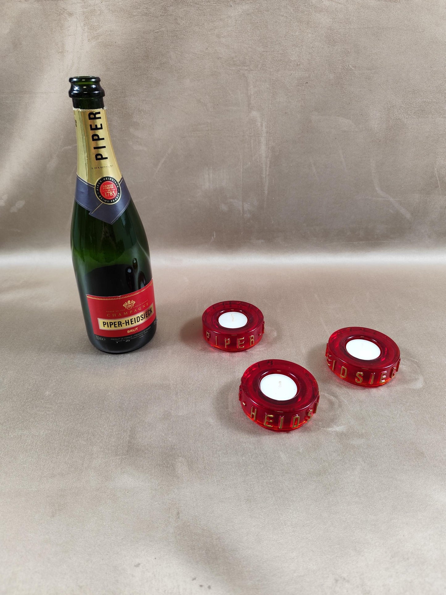 Lot de 3 photophores Champagne Piper-Heidsieck en verre rouge Made in France Vintage 1980