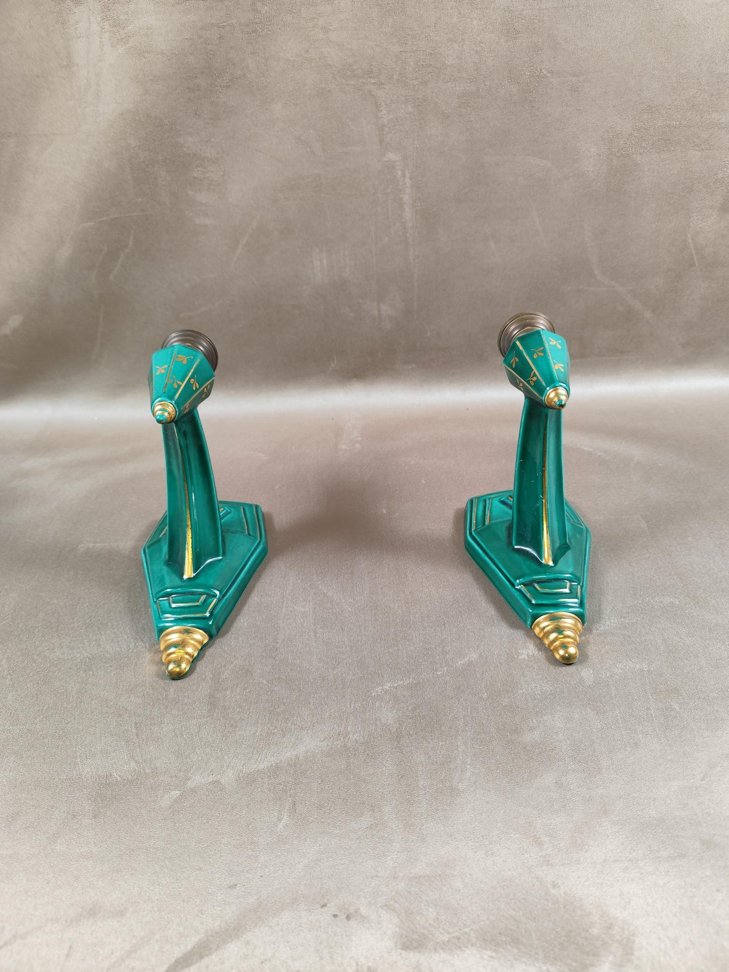 Lot de 2 appliques murales Art déco en céramique émaillée verte et dorée Made in France Vintage 1940