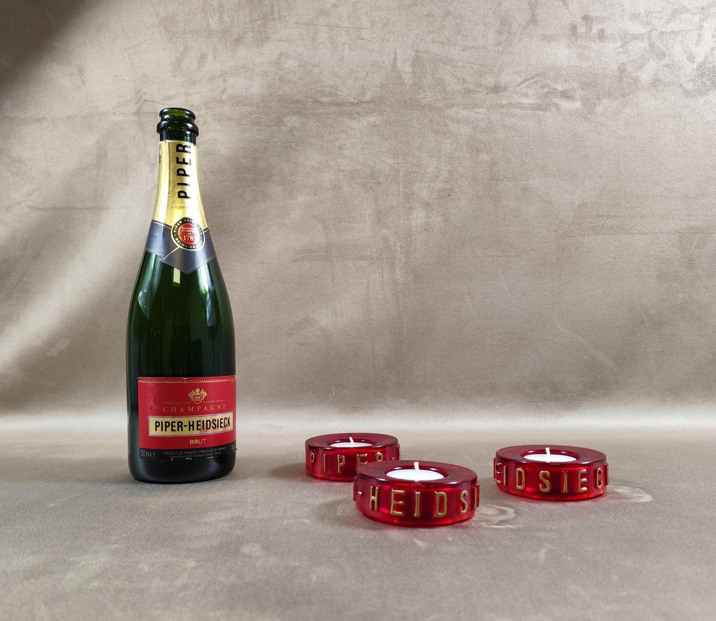 Lot de 3 photophores Champagne Piper-Heidsieck en verre rouge Made in France Vintage 1980