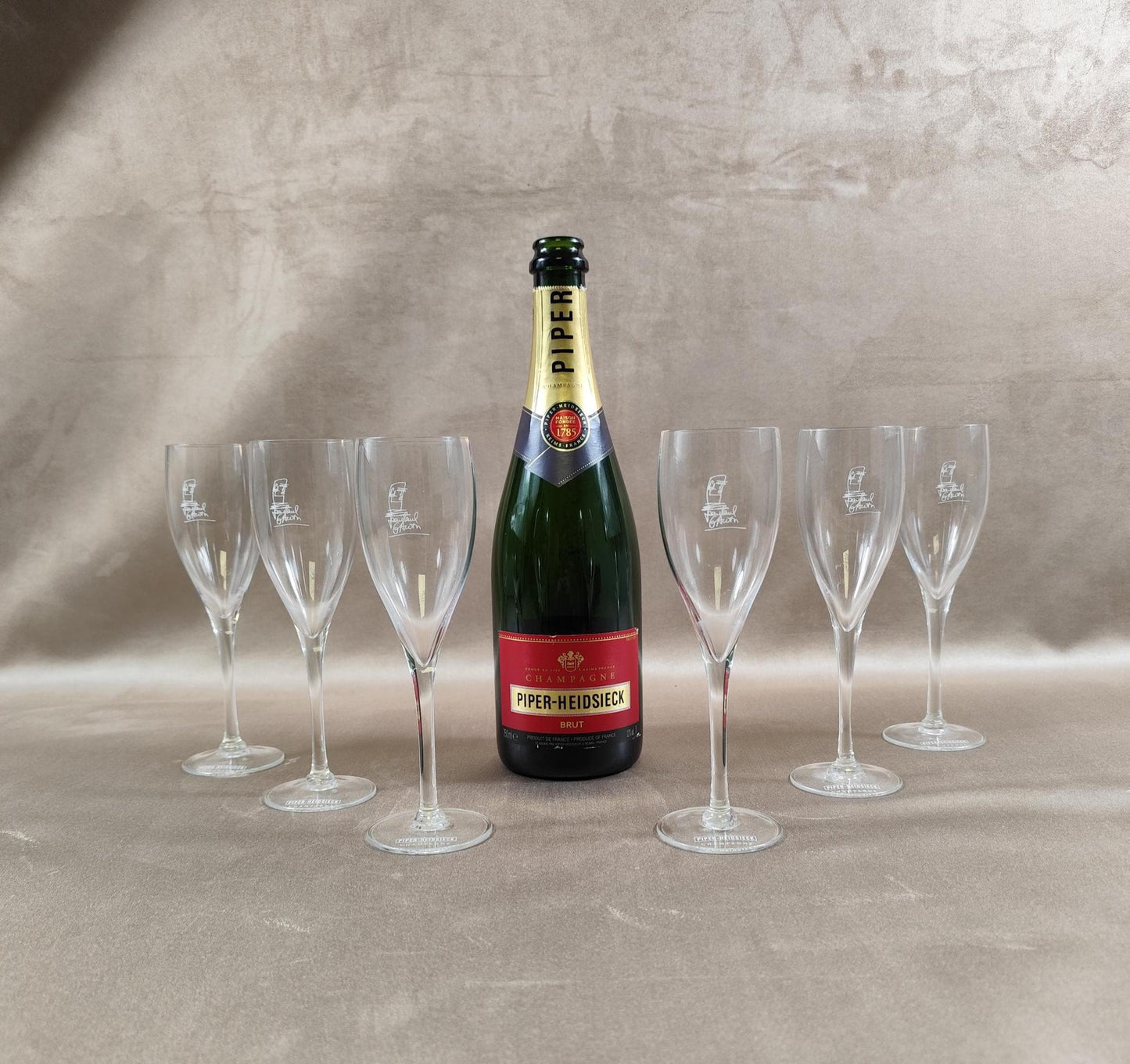 Lot de 6 flûtes à Champagne Piper-Heidsieck par Jean Paul Gaultier en cristal Made in France Vintage 1990