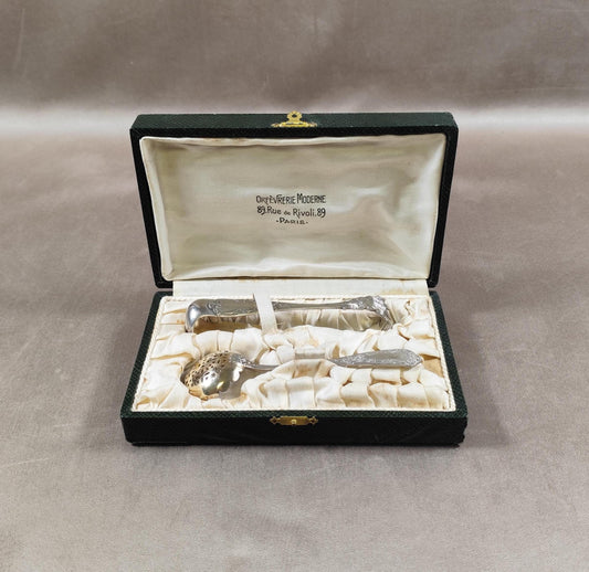 Pince à sucre et cuillère en métal argenté avec poinçon d'orfèvre Made in France Vintage 1970