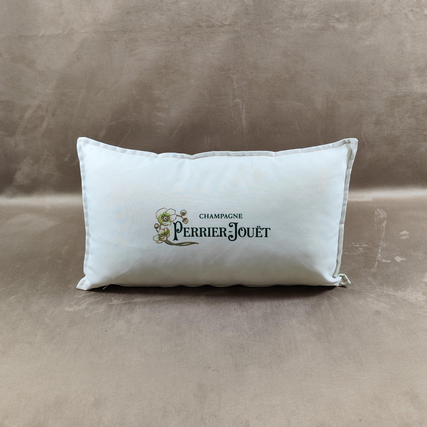 Coussin Champagne Perrier-Jouet beige et vert en coton Made in France Vintage 1990