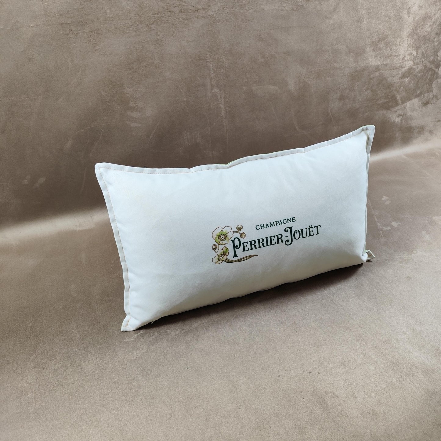 Coussin Champagne Perrier-Jouet beige et vert en coton Made in France Vintage 1990