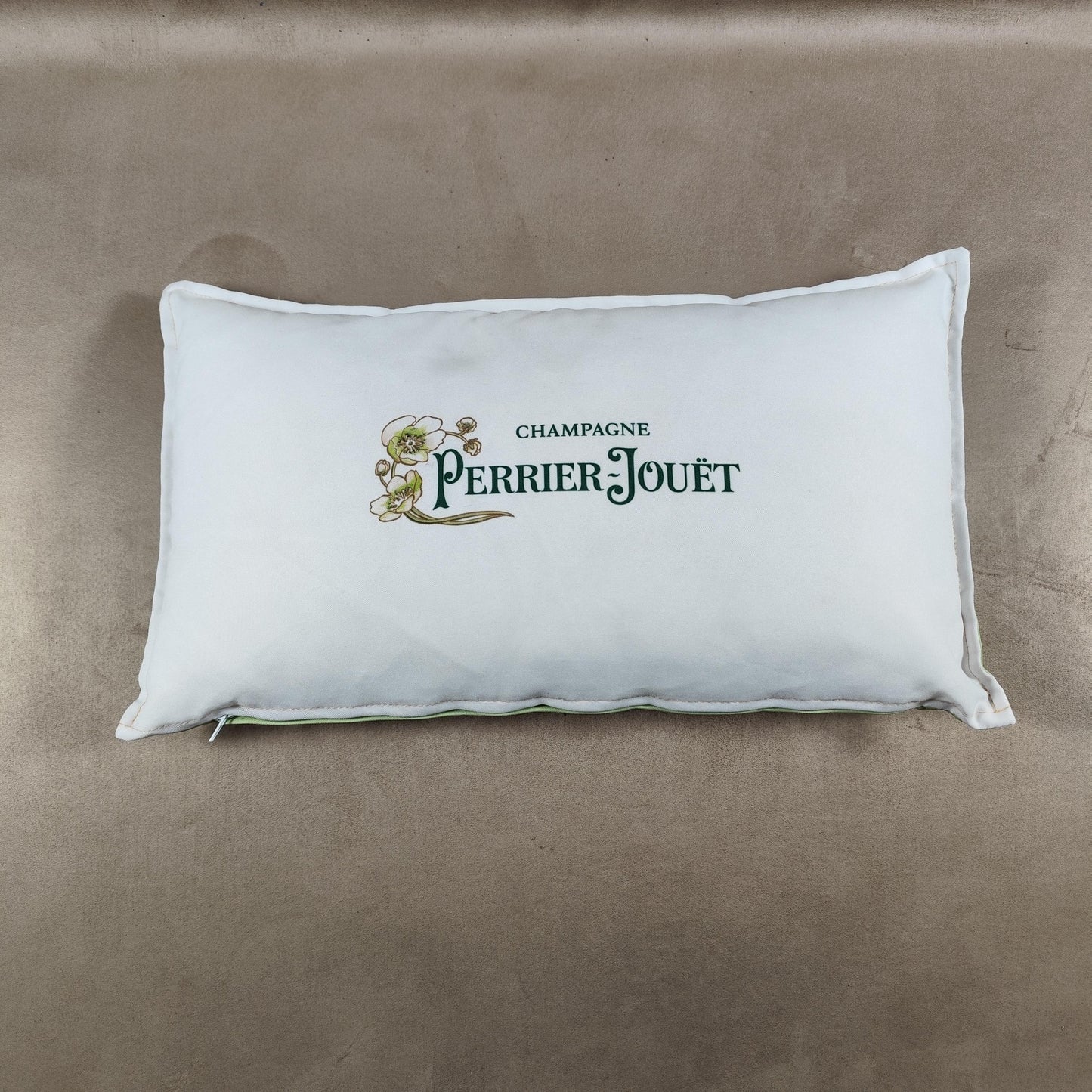 Coussin Champagne Perrier-Jouet beige et vert en coton Made in France Vintage 1990
