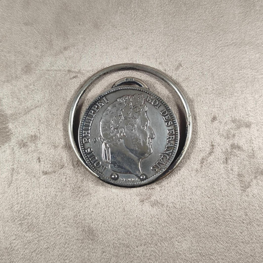 RARE Pince à documents pièce de 5 Francs en argent massif 925 Louis Phillipe Made in France Vintage 1900