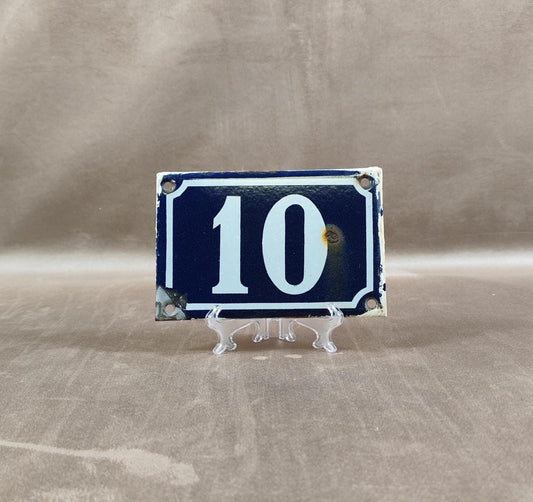 RARE Plaque de rue de ville Française Numéro 10 en tôle émaillée bleue Made in France Vintage 1900