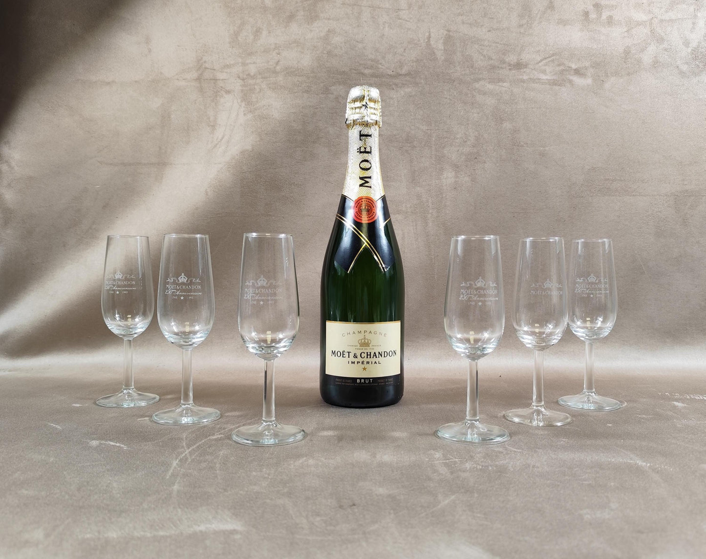 RARE Lot 6 flutes à champagne Moet et Chandon en cristal 250ème Anniversaire Made in France Vintage 1980